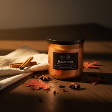 Load image into Gallery viewer, Candle jar labeled 'Maple Noir' by Bougie Napa on a white background