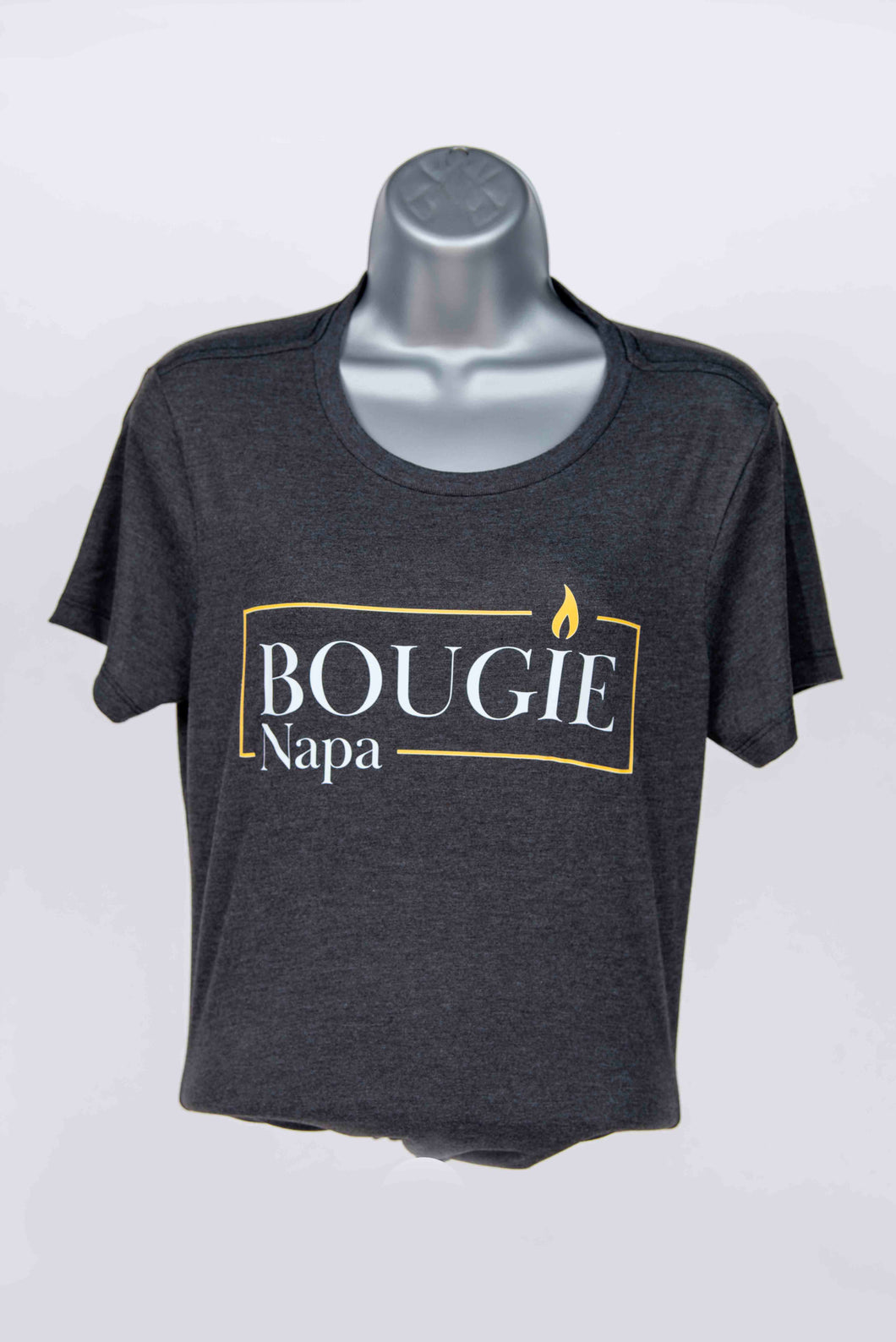 Dark Grey Womens t-shirt with 'BOUGIE Napa' text on a mannequin against a white background